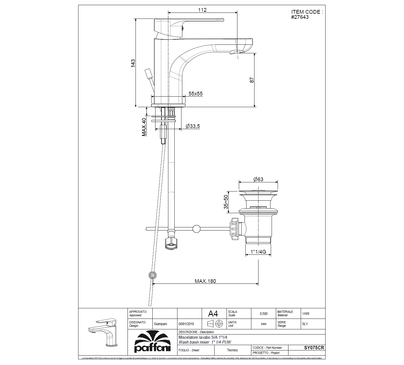 PAFFONI Basinmixer SY075CR200-R05 #27643 - Image 5
