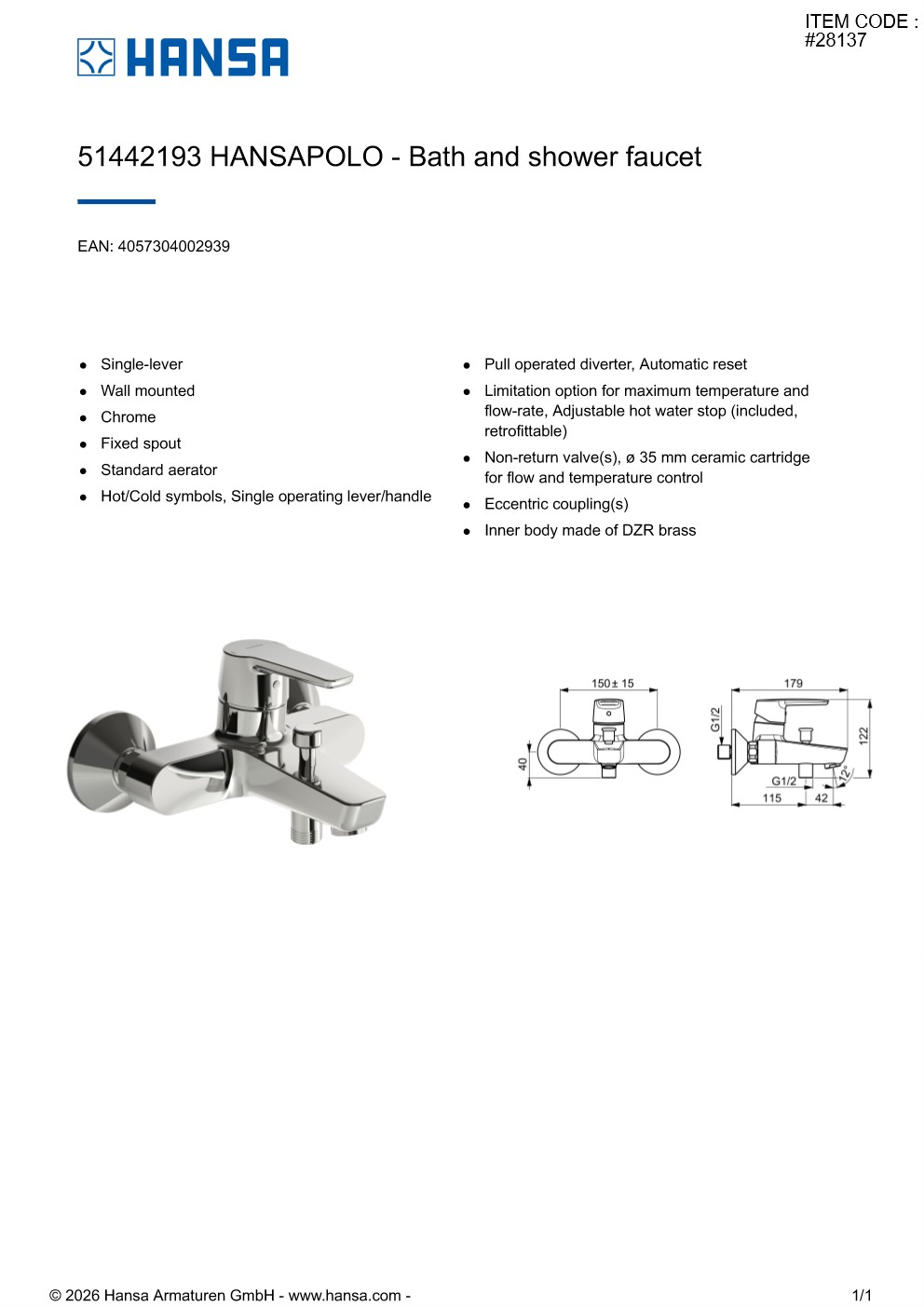 HANSA Bath Mixer POLO51442193 #28137 - Image 3