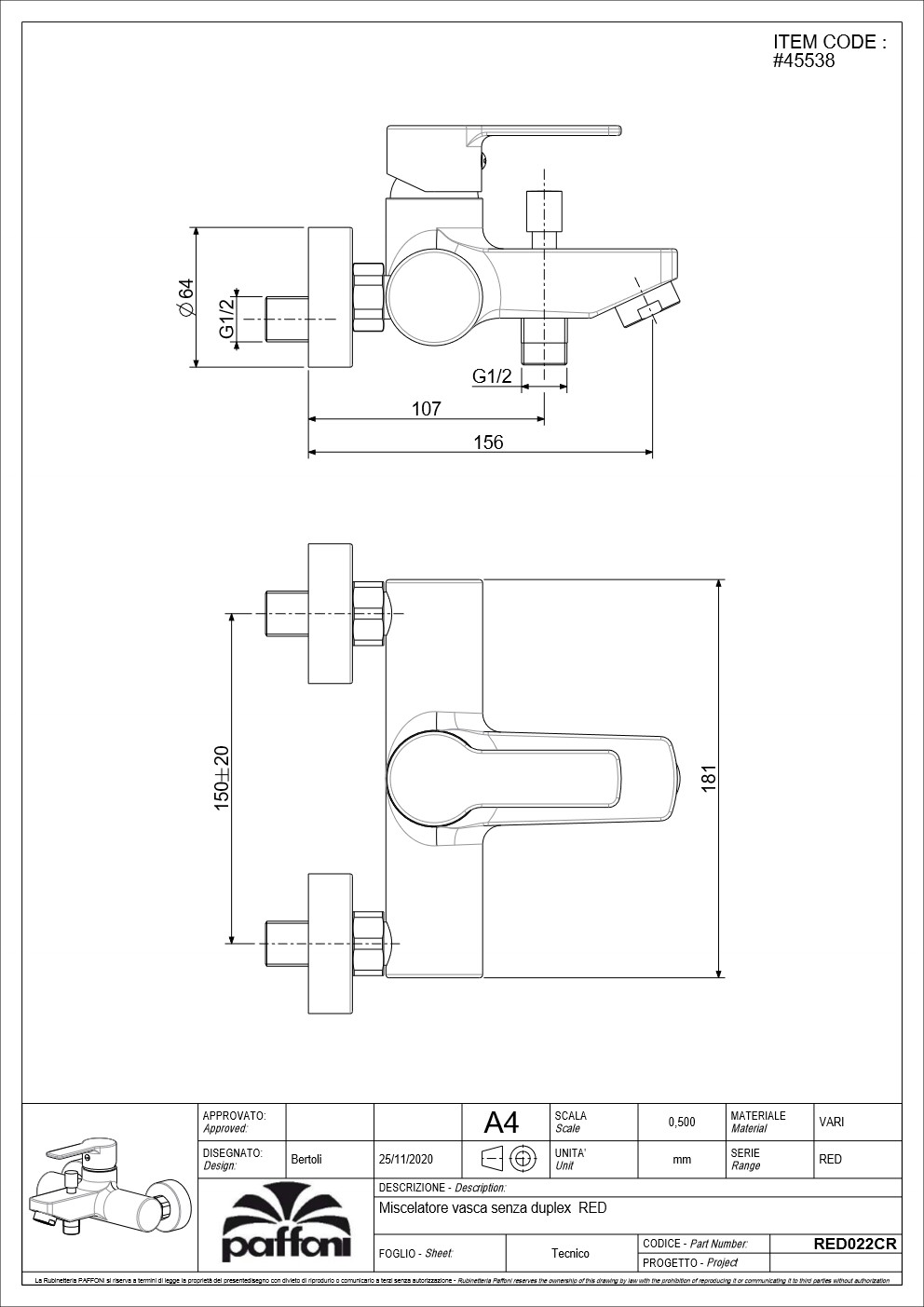PAFFONI Bath Mixer RED022CR-09 #45538 - Image 3