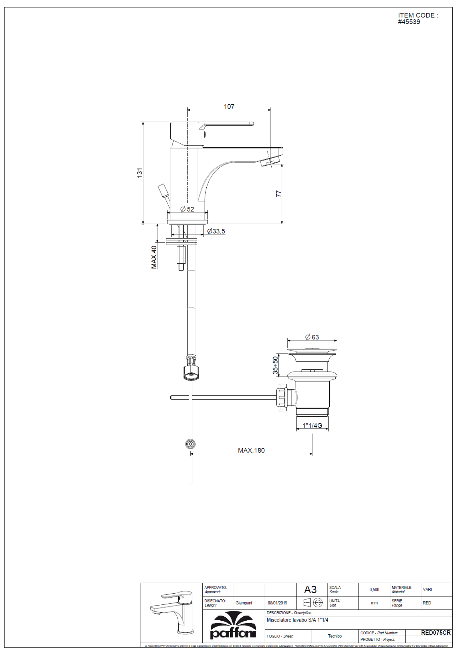 PAFFONI Basin Mixer RED075CR200-R05 #45539 - Image 4