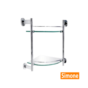 Simone two tier corner shelf made from glass.