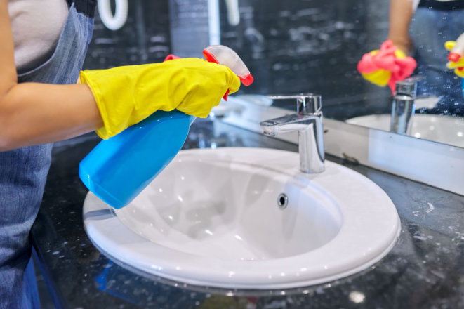 A person wearing yellow rubber gloves cleaning a white sink with a spritz bottle