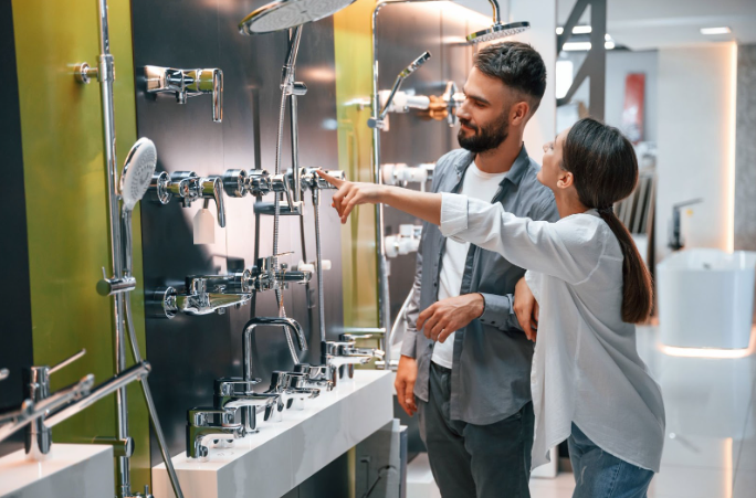 couple choosing shower set in a store