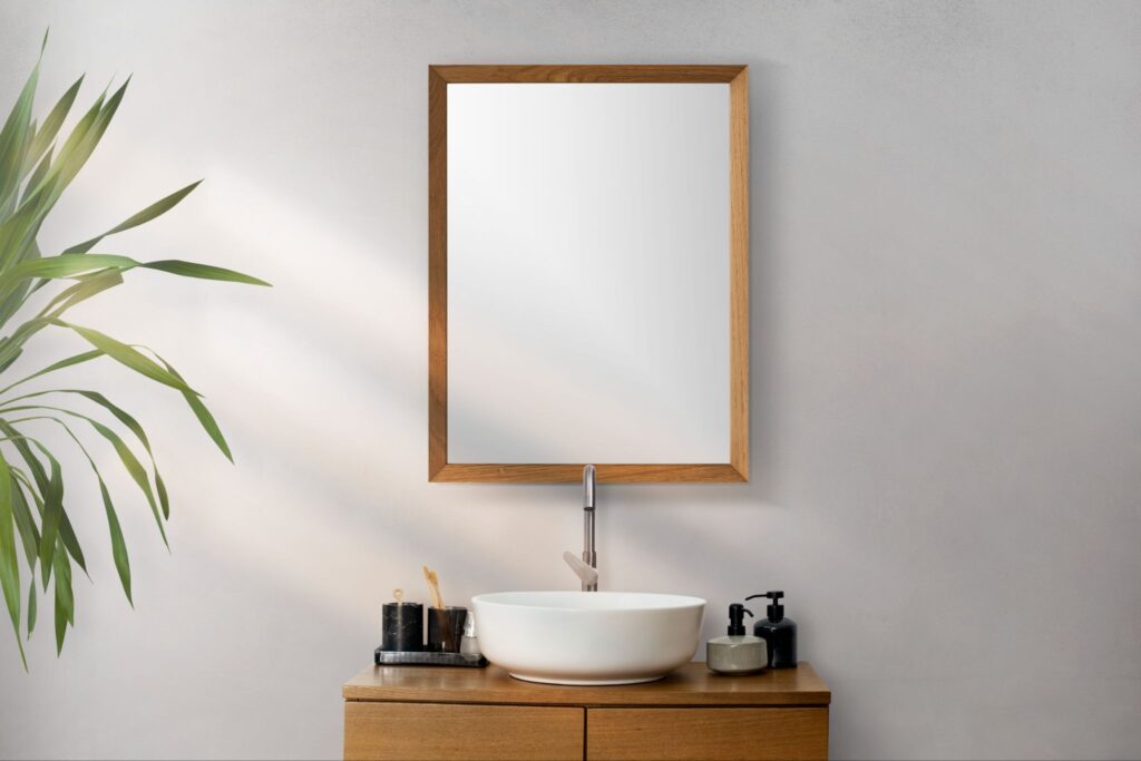 a bathroom mirror cabinet with a basin