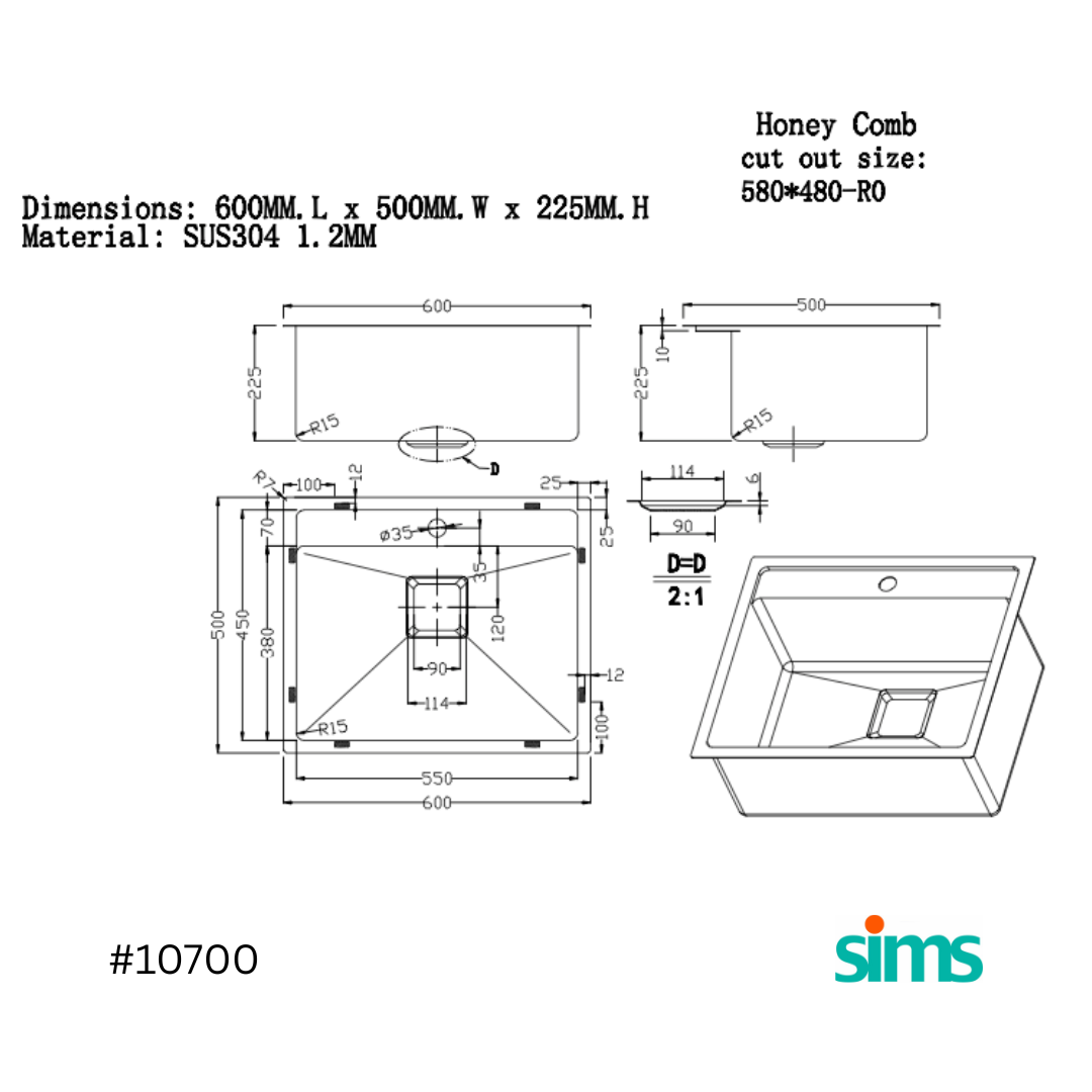 SIMS 1 Bowl Kitchen Sink (Undermount) #10700 - Image 2