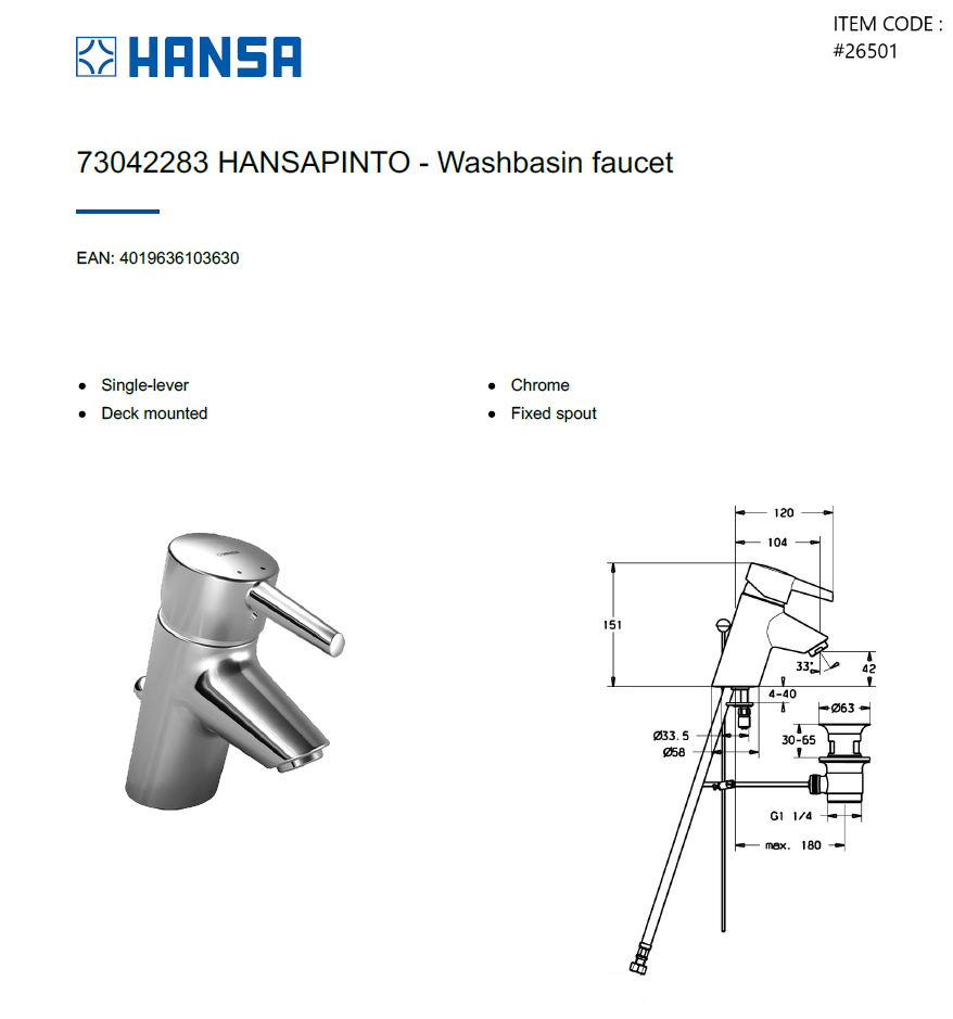 HANSA Basin Mixer PINTO73042283 #26501 - Image 3