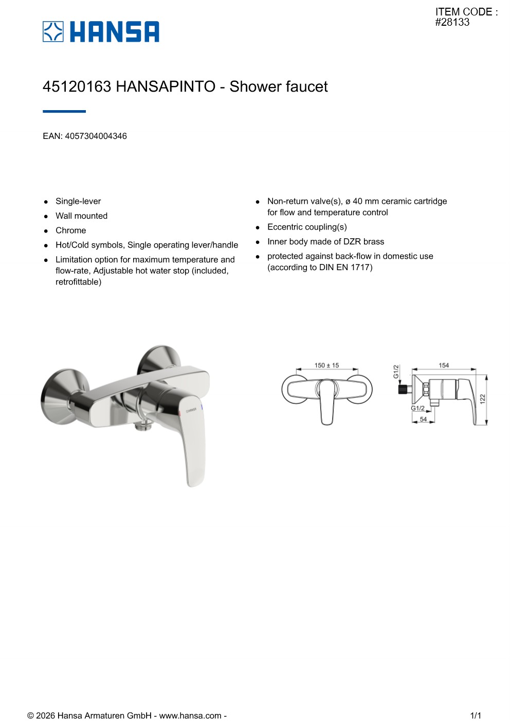 HANSA Shower Mixer PINTO45120163 #28133 - Image 3