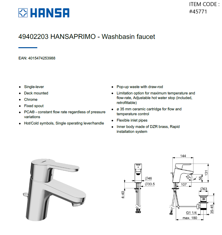 HANSA Basin Mixer PRIMO49402203 #45771 - Image 2