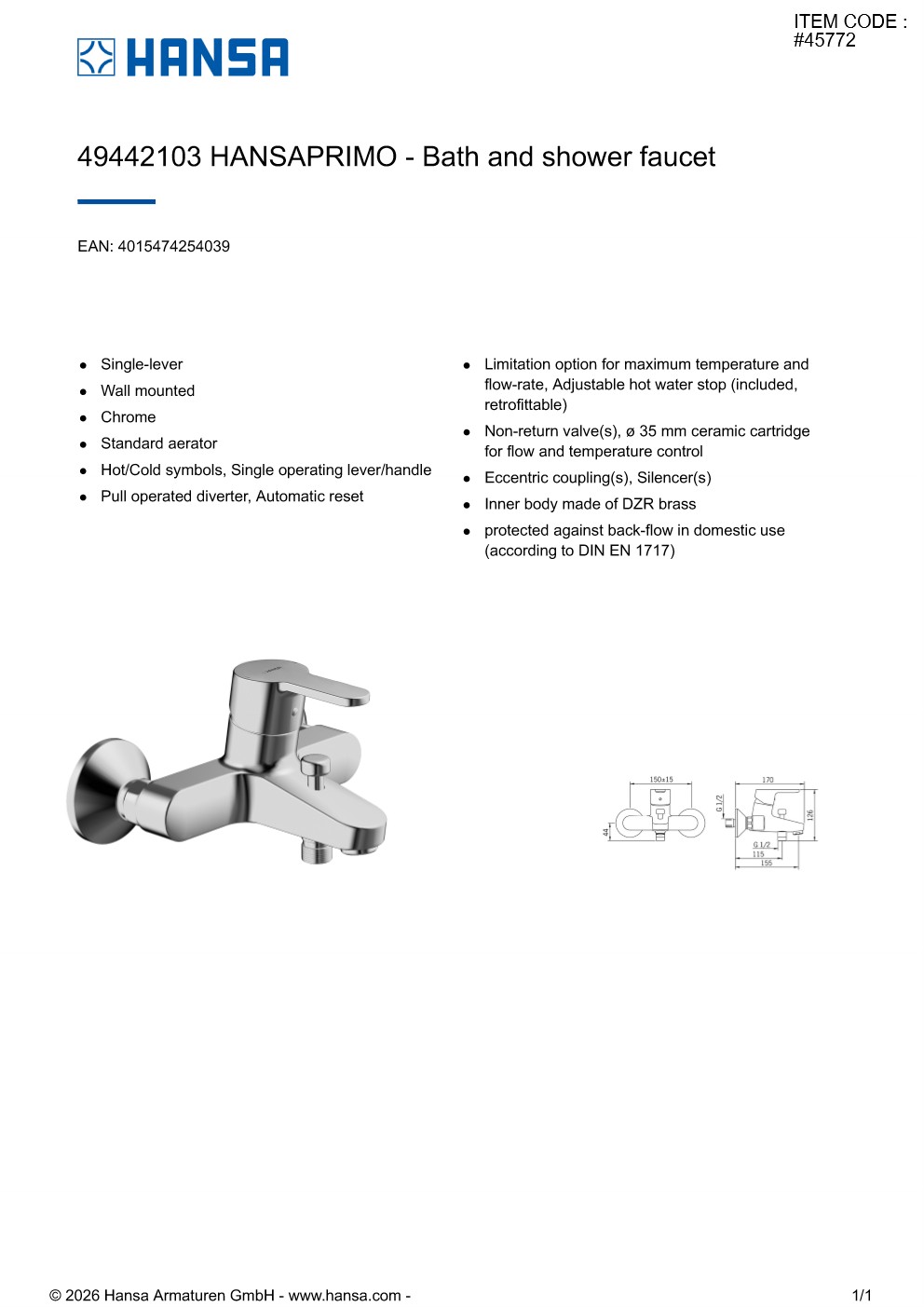 HANSA Bath Mixer PRIMO49442103 #45772 - Image 3