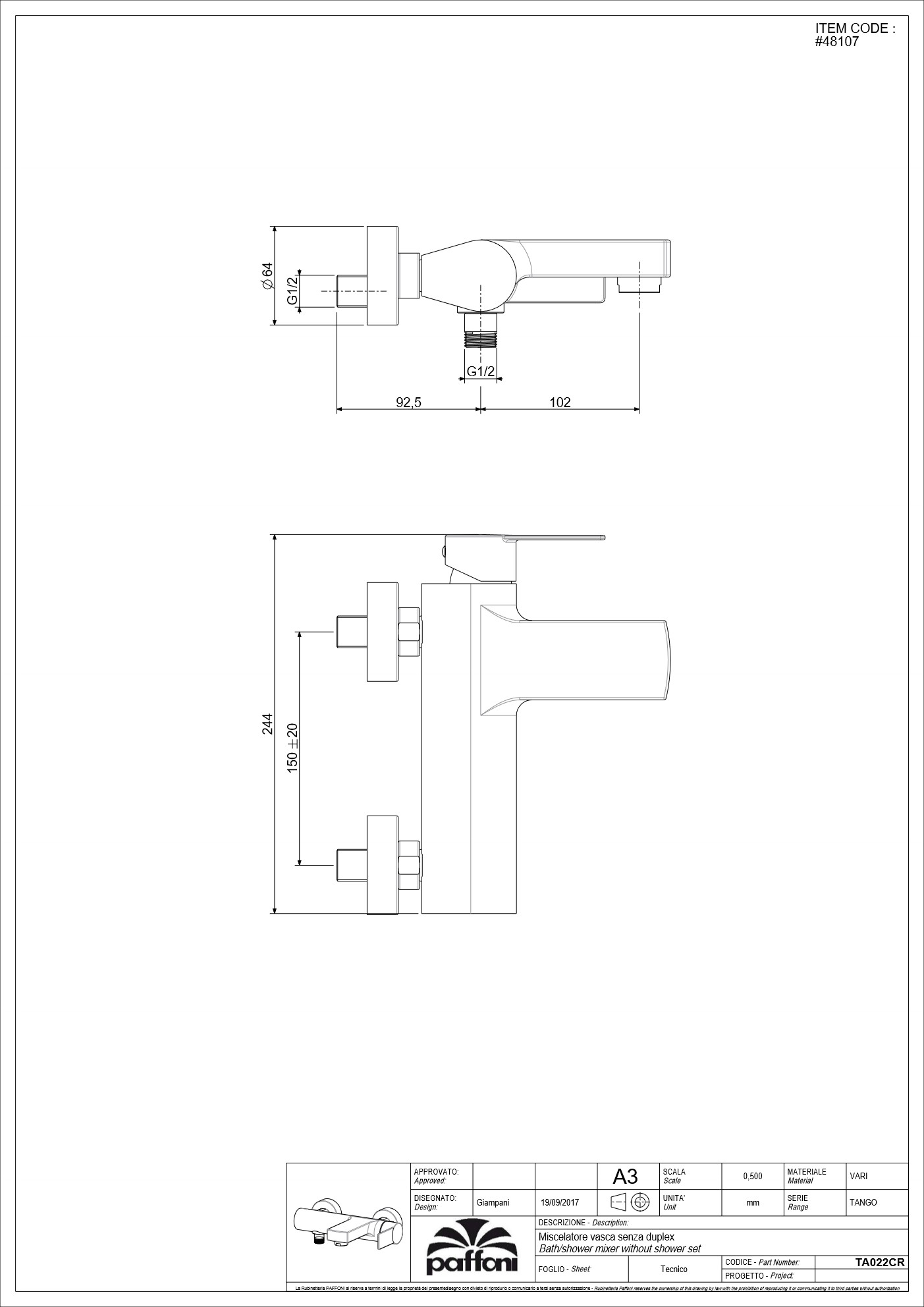 PAFFONI Bath Mixer TA022 #48107 - Image 3