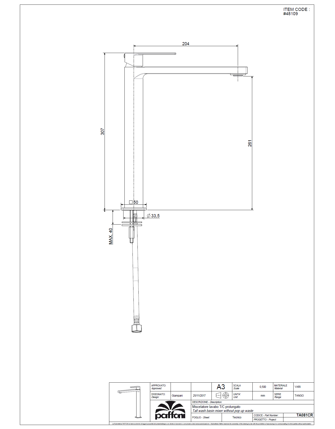 PAFFONI Basin Mixer TA081CR200-RO5 #48109 - Image 3