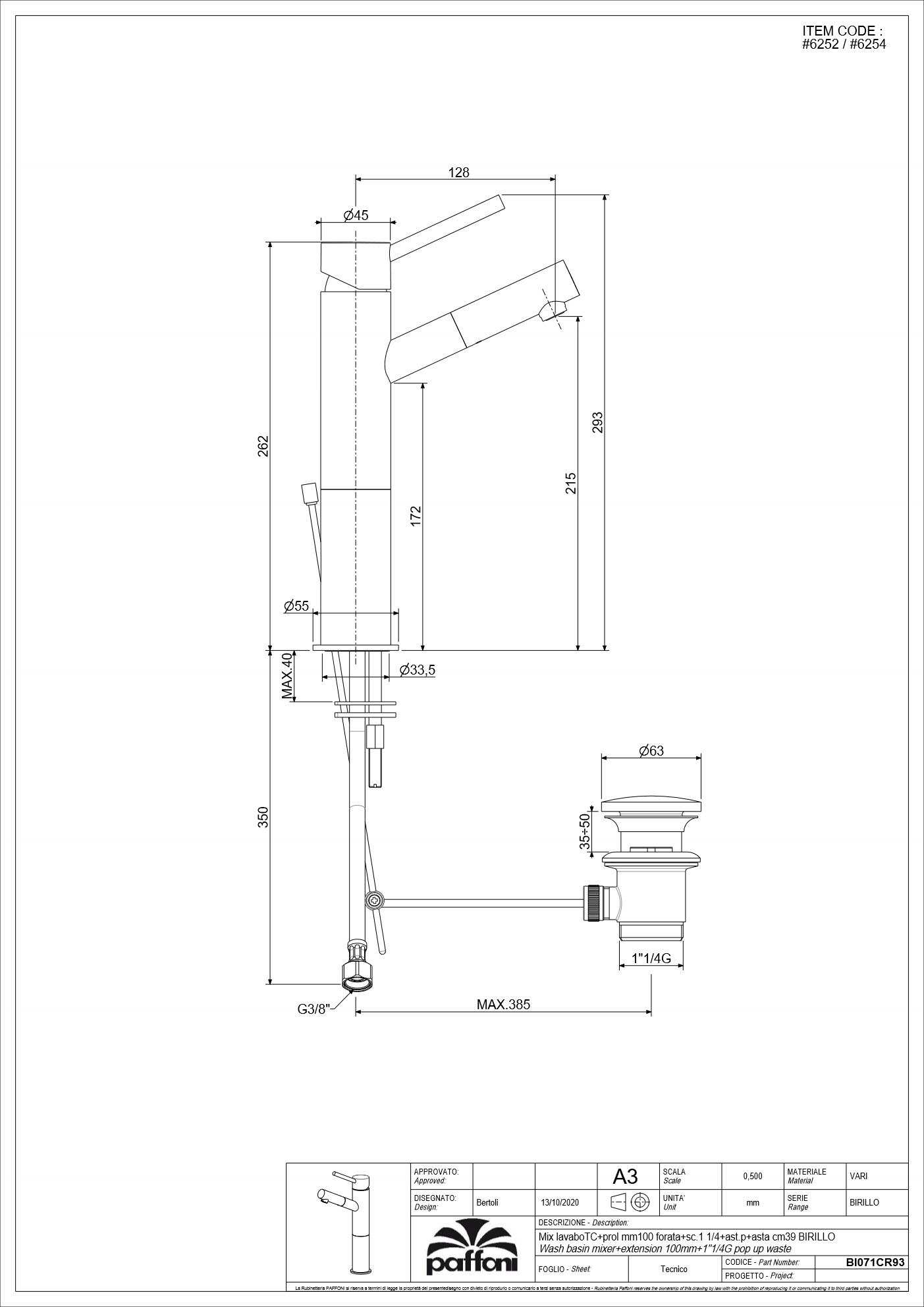 PAFFONI Basin Mixer BI075CR200-R05 #6252 - Image 4