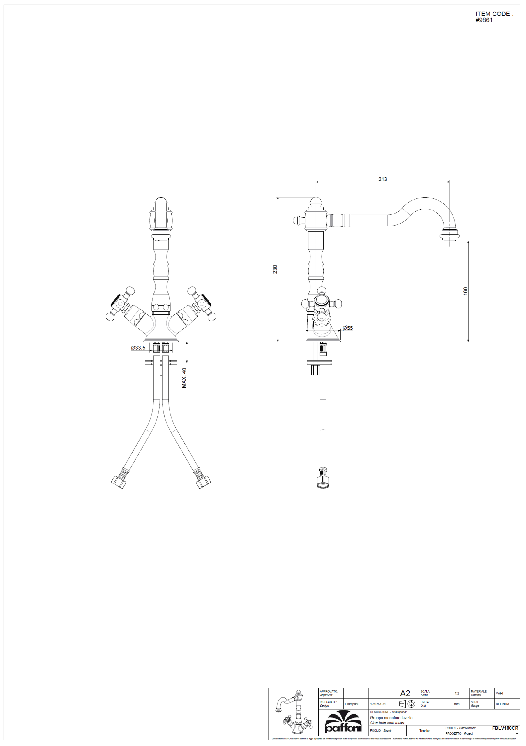 PAFFONI Kitchen Sink Mixer FBLV180CR #9861 - Image 3